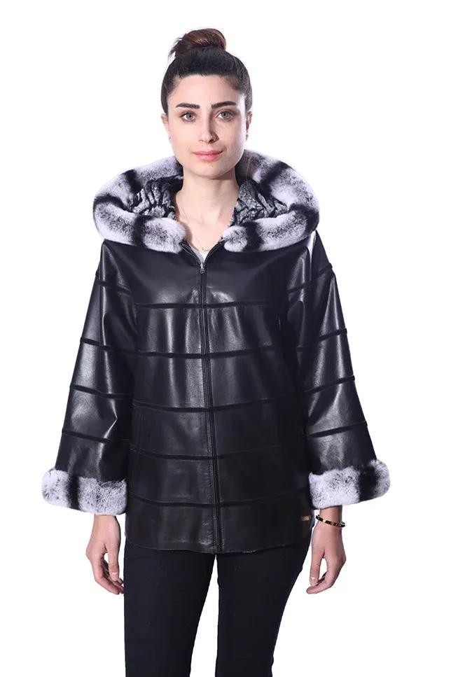 Anna Womens Real Fur Leather Jacket with Hood by Inland Leather Co