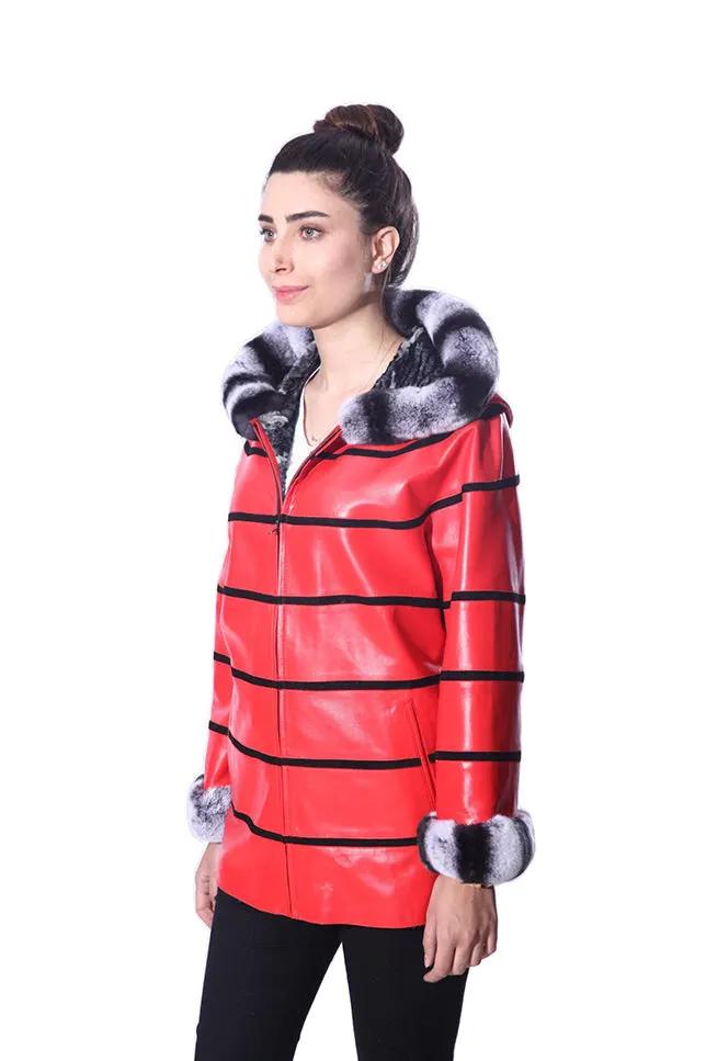 Anna Womens Real Fur Leather Jacket with Hood by Inland Leather Co