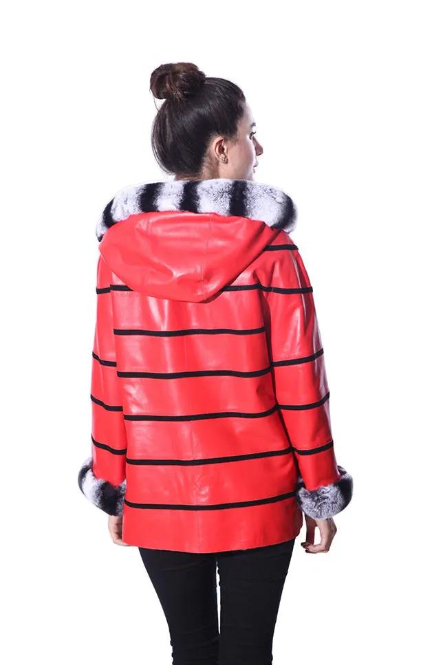 Anna Womens Real Fur Leather Jacket with Hood by Inland Leather Co