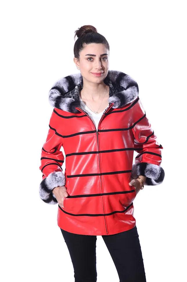 Anna Womens Real Fur Leather Jacket with Hood by Inland Leather Co