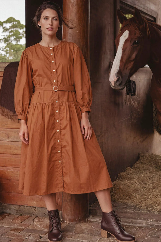 Arbelle Belted Cotton Button-Front Midi Dress by ELF