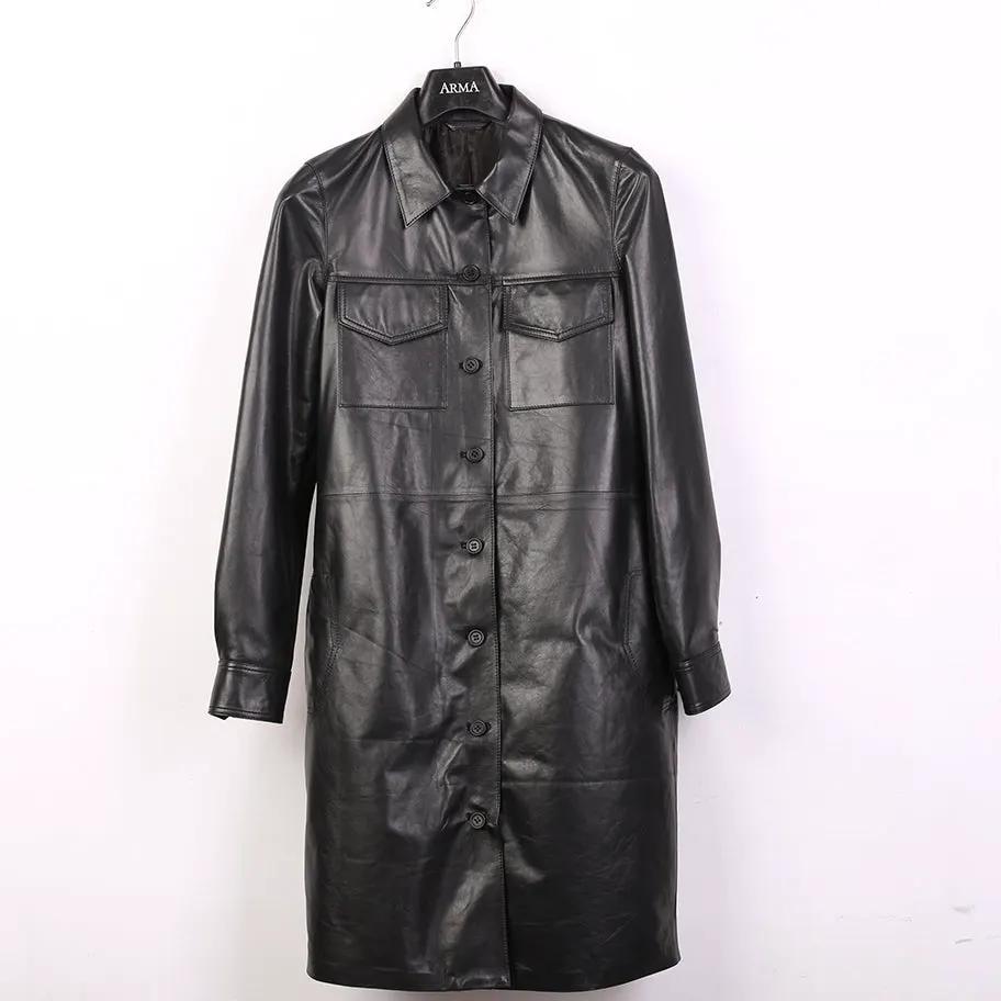 Athena Matrix Womens Black Full Long Leather Coat with Buttons by Inland Leather Co.