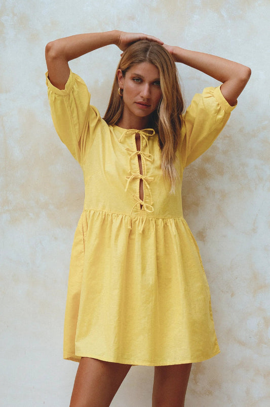 Beatrice Puff Sleeve Linen Mini Dress (Sale) by ELF