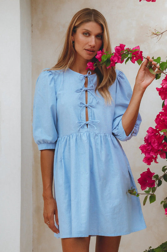 Beatrice Puff Sleeve Linen Mini Dress (Sale) by ELF