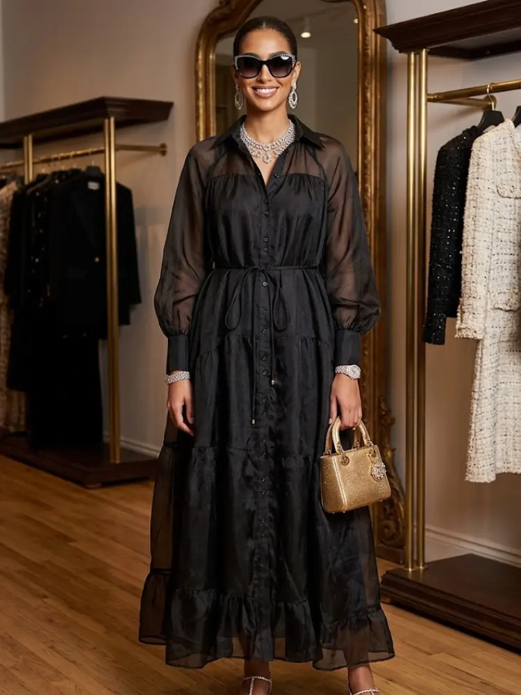 Black Sheer Tiered Maxi Shirt Dress GRAMERCY New Collection FASHION BYMANYC ® New York by BYMANYC ® New York