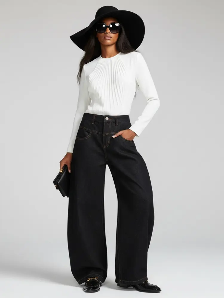 Black Wide-Leg Denim Jeans with Contrast Stitching • BYMANYC ® New York by BYMANYC ® New York