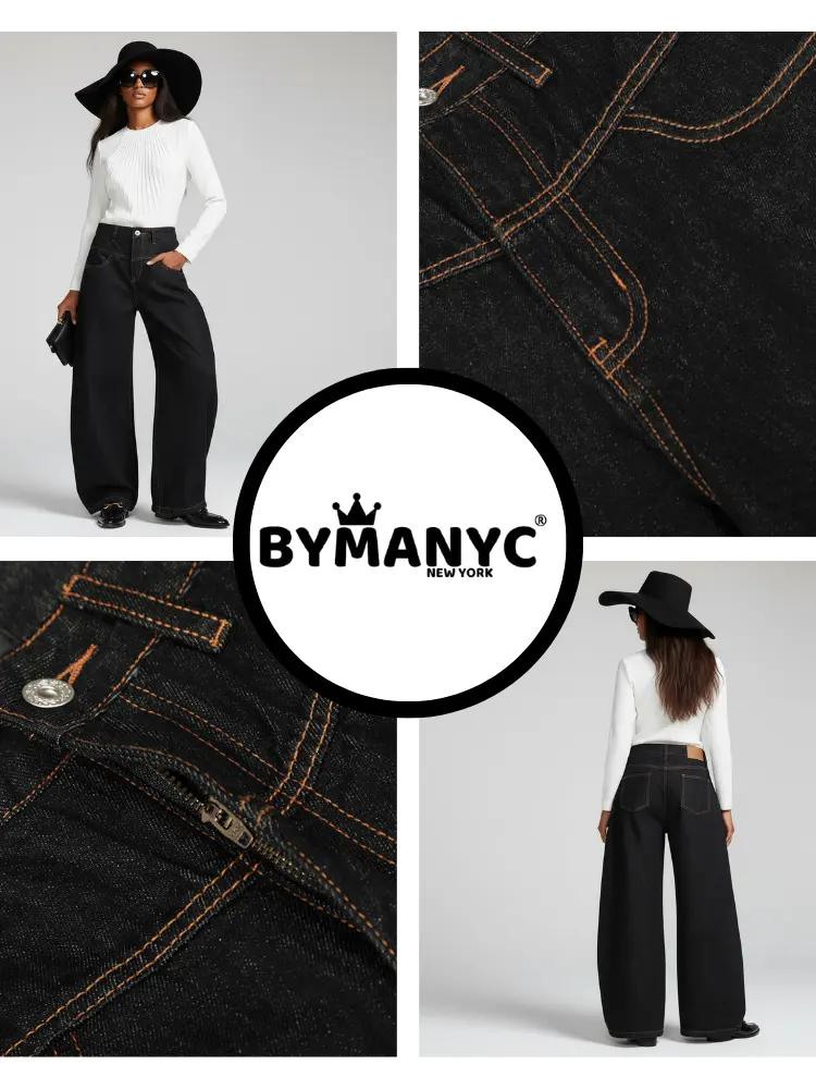 Black Wide-Leg Denim Jeans with Contrast Stitching • BYMANYC ® New York by BYMANYC ® New York