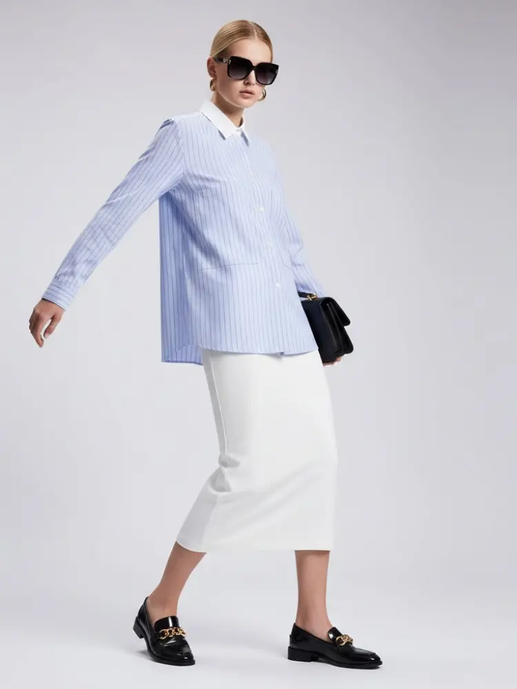 Blue Striped Shirt with Contrast Collar and Double Pockets • BYMANYC ® New York by BYMANYC ® New York