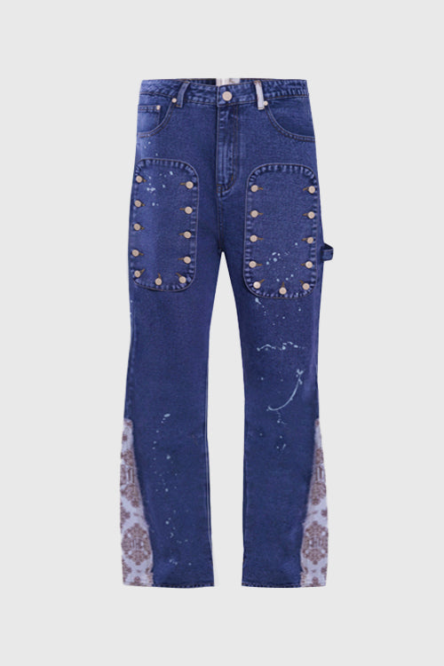 Tapestry Pattern Flared Denim Jeans-0