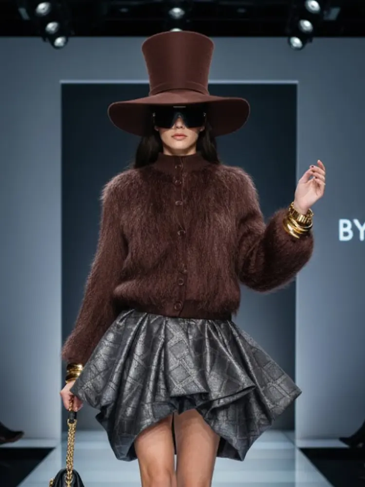 Brown Stand-Up Collar Jacket For Women, Gramercy, BYMANYC New York. by BYMANYC ® New York