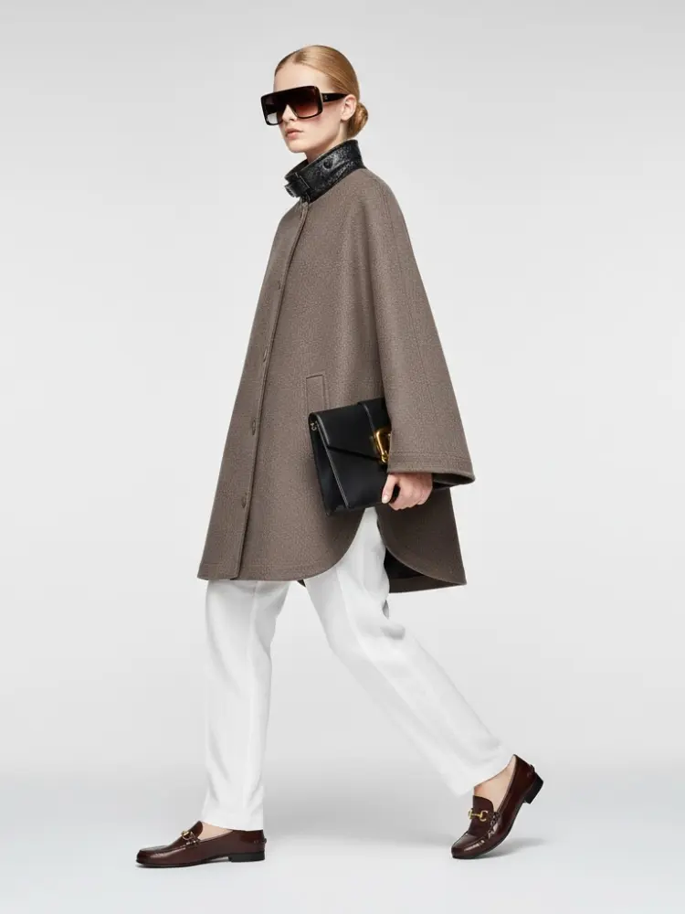 Brown Wool-Blend Jacket with Leather Collar and Egg-Shape Cut • BYMANYC ® New York by BYMANYC ® New York