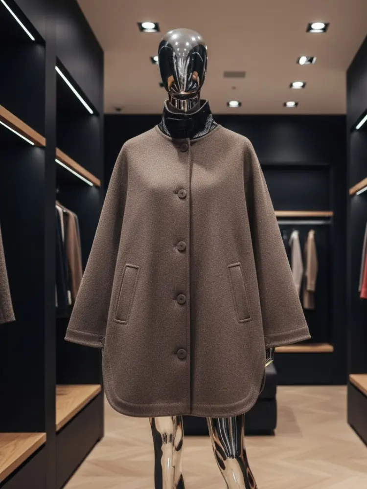Brown Wool-Blend Jacket with Leather Collar and Egg-Shape Cut • BYMANYC ® New York by BYMANYC ® New York