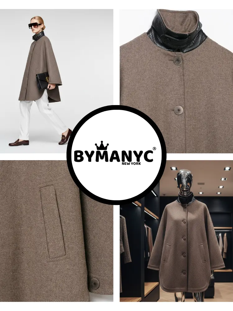 Brown Wool-Blend Jacket with Leather Collar and Egg-Shape Cut • BYMANYC ® New York by BYMANYC ® New York