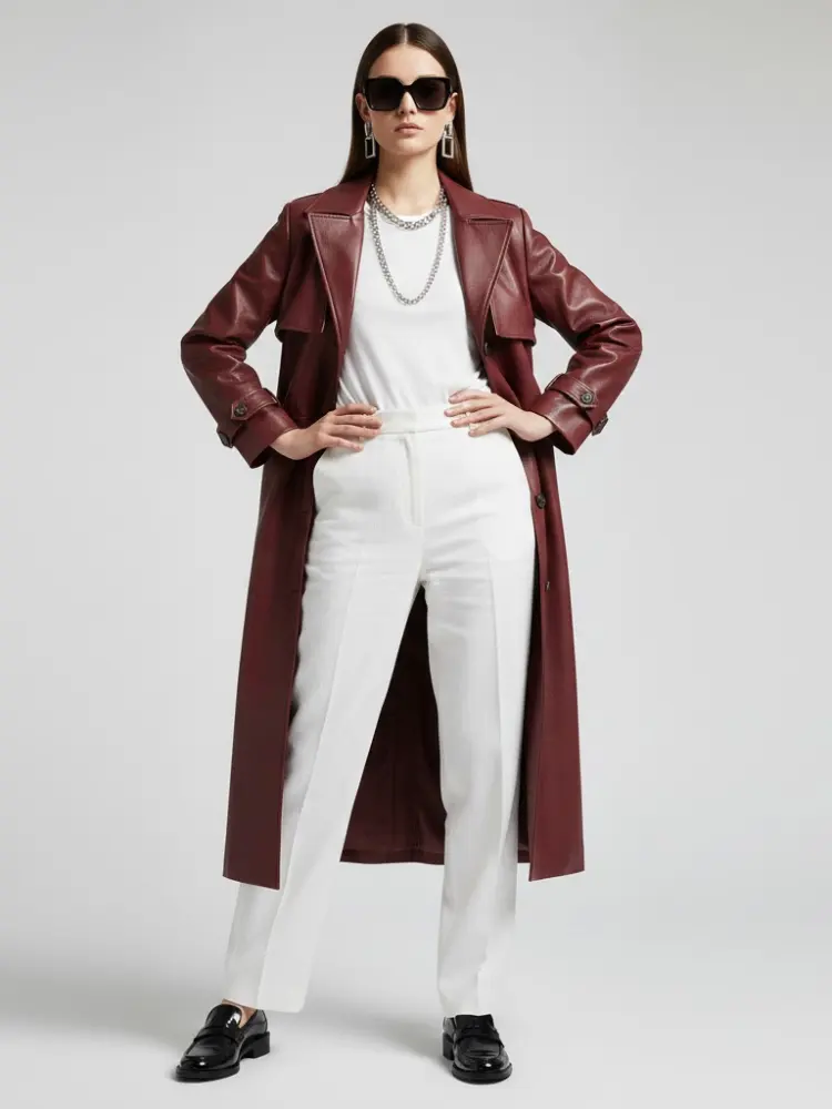 Burgundy Vegan Leather Long Trench Coat - BED-STUY: New Collection COUTURE in BROOKLYN - BYMANYC ® New York by BYMANYC ® New York