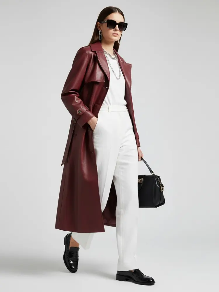 Burgundy Vegan Leather Long Trench Coat - BED-STUY: New Collection COUTURE in BROOKLYN - BYMANYC ® New York by BYMANYC ® New York