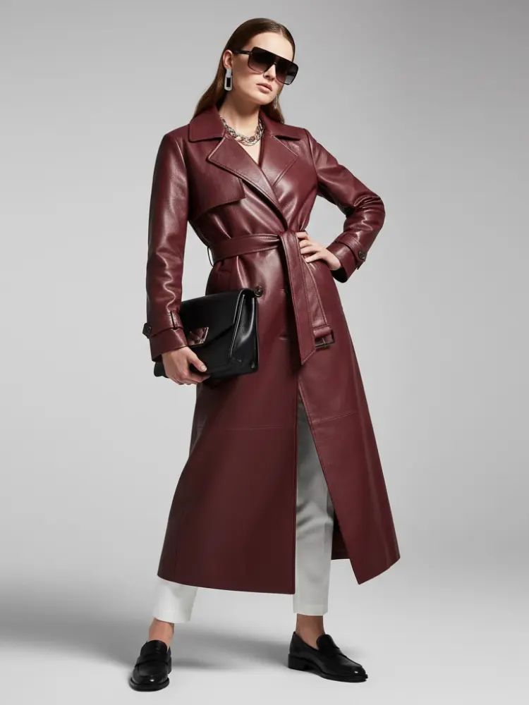 Burgundy Vegan Leather Long Trench Coat - BED-STUY: New Collection COUTURE in BROOKLYN - BYMANYC ® New York by BYMANYC ® New York