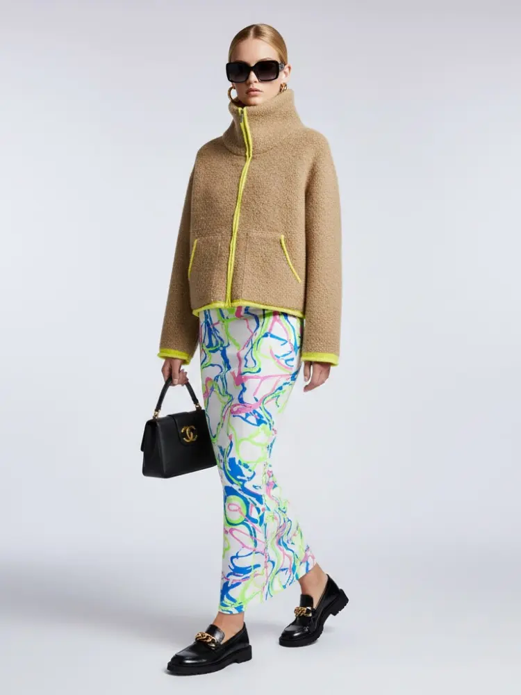 Camel Bouclé Knit Jacket with Neon Trims and Funnel Neck • BYMANYC ® New York by BYMANYC ® New York