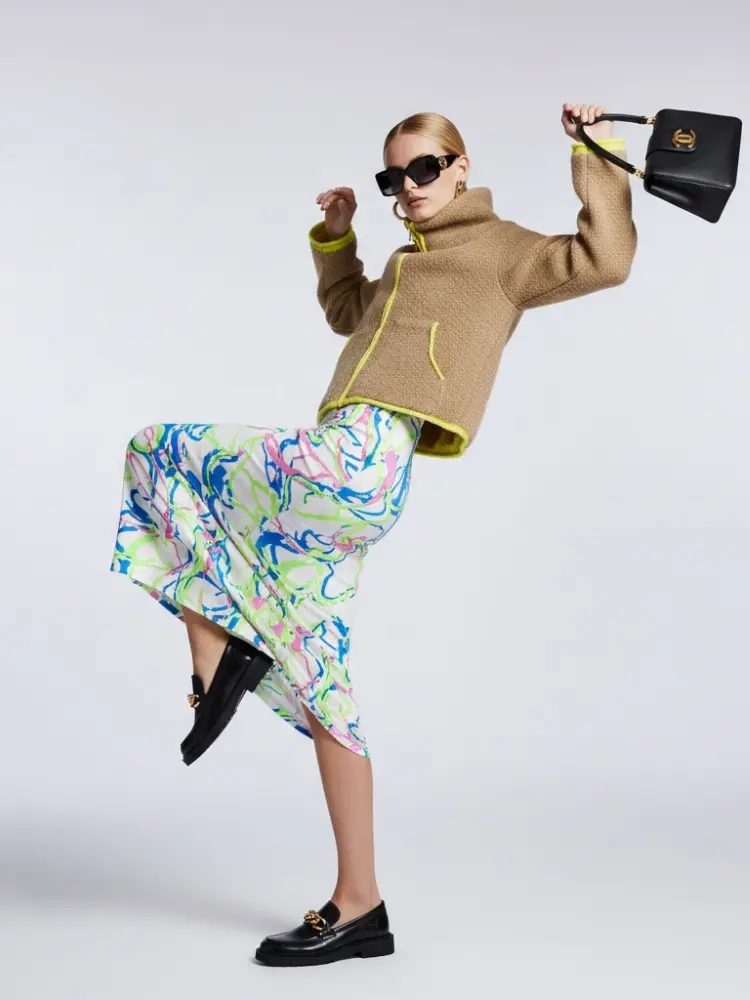 Camel Bouclé Knit Jacket with Neon Trims and Funnel Neck • BYMANYC ® New York by BYMANYC ® New York