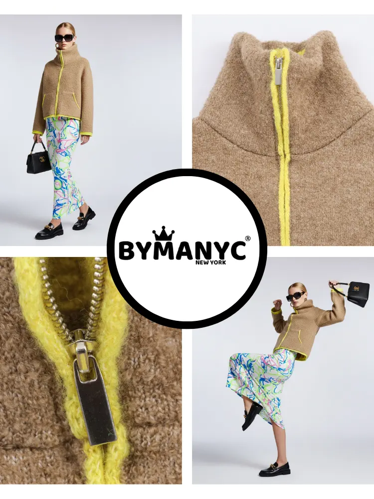 Camel Bouclé Knit Jacket with Neon Trims and Funnel Neck • BYMANYC ® New York by BYMANYC ® New York