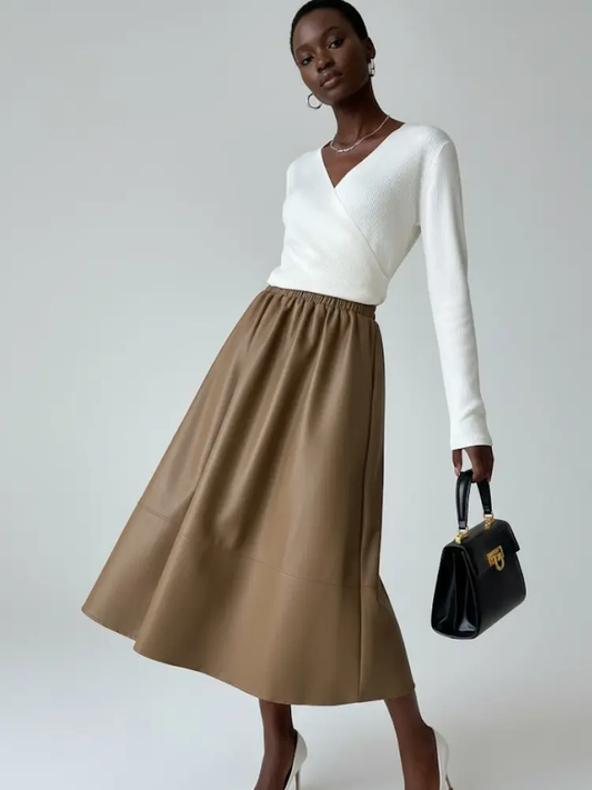 Camel Vegan Leather Midi Skirt LAFAYETTE: New Colección COUTURE in NOLITA - BYMANYC ® New York by BYMANYC ® New York