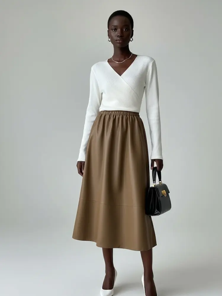 Camel Vegan Leather Midi Skirt LAFAYETTE: New Colección COUTURE in NOLITA - BYMANYC ® New York by BYMANYC ® New York