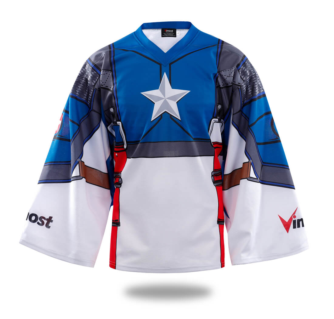 Custom Red White Blue Shield Ice Hockey Jersey-0
