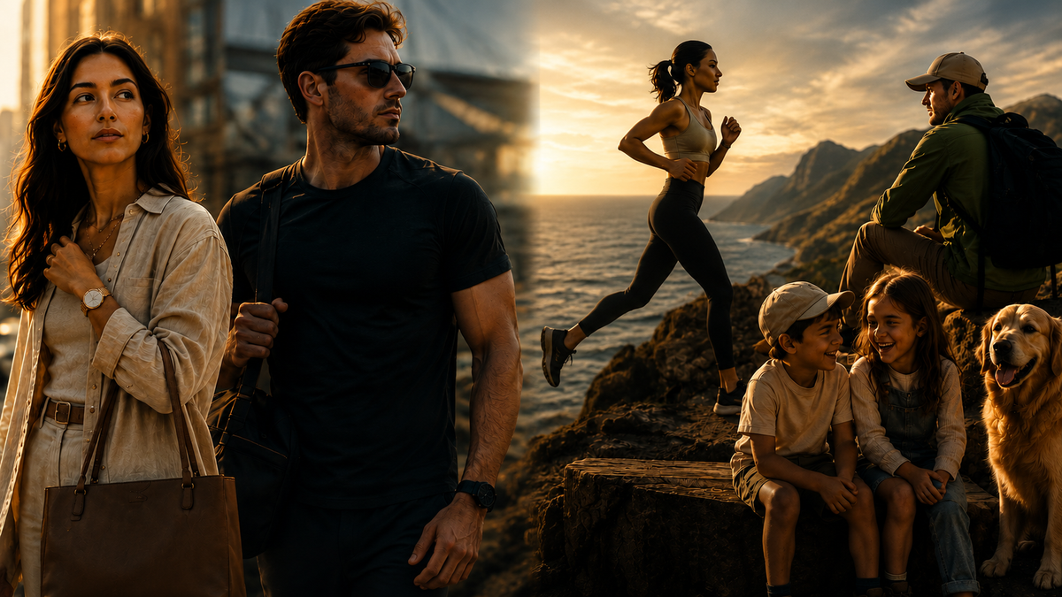 A lifestyle collage showing a family and a dog outdoors by the ocean at sunset. A woman in a beige shirt stands on the left, a man in a black t-shirt and sunglasses stands beside her, a woman runs along the shoreline in the center, a man sits with a backpack on the right, and two children sit next to a golden retriever dog.