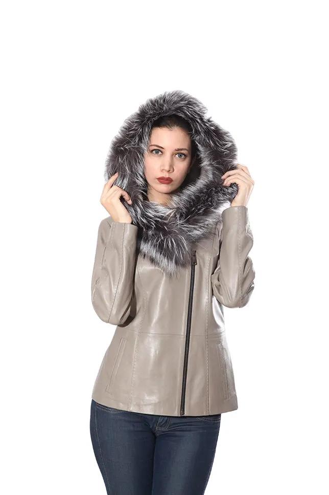 Cidra Womens Real Silver Fox Fur Hooded Leather Jacket by Inland Leather Co