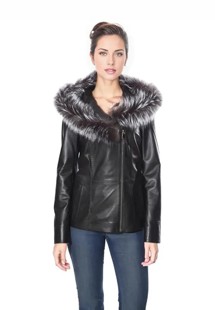 Cidra Womens Real Silver Fox Fur Hooded Leather Jacket by Inland Leather Co