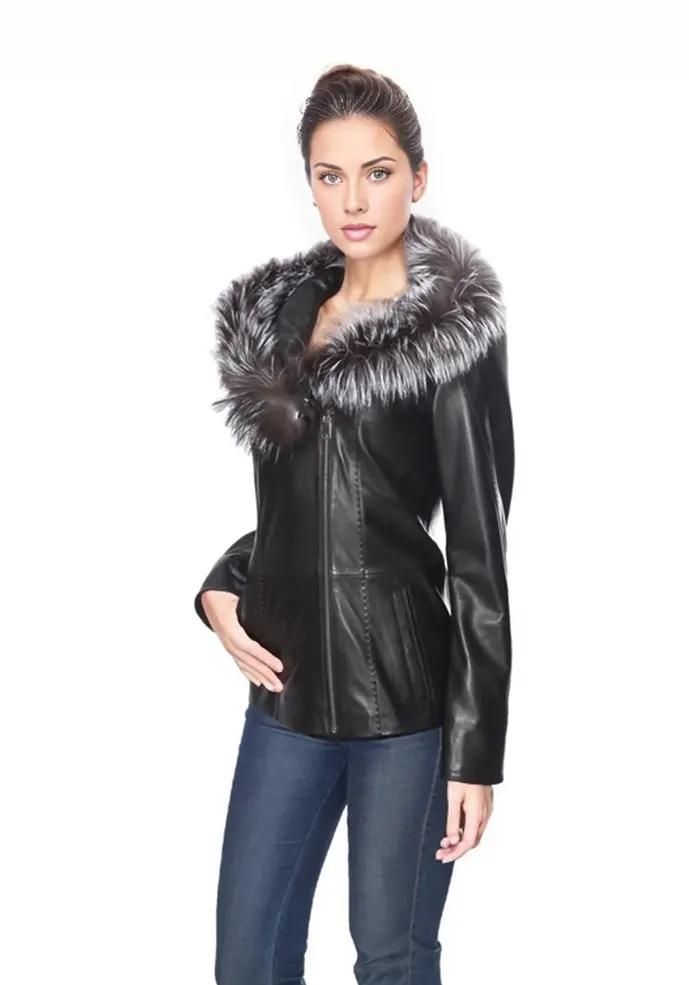 Cidra Womens Real Silver Fox Fur Hooded Leather Jacket by Inland Leather Co
