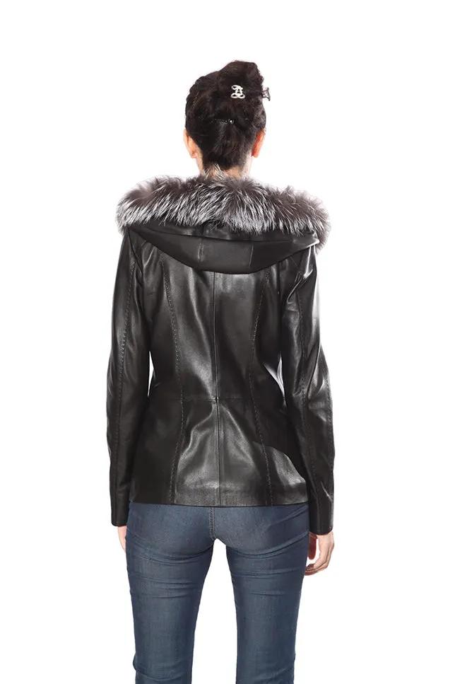 Cidra Womens Real Silver Fox Fur Hooded Leather Jacket by Inland Leather Co