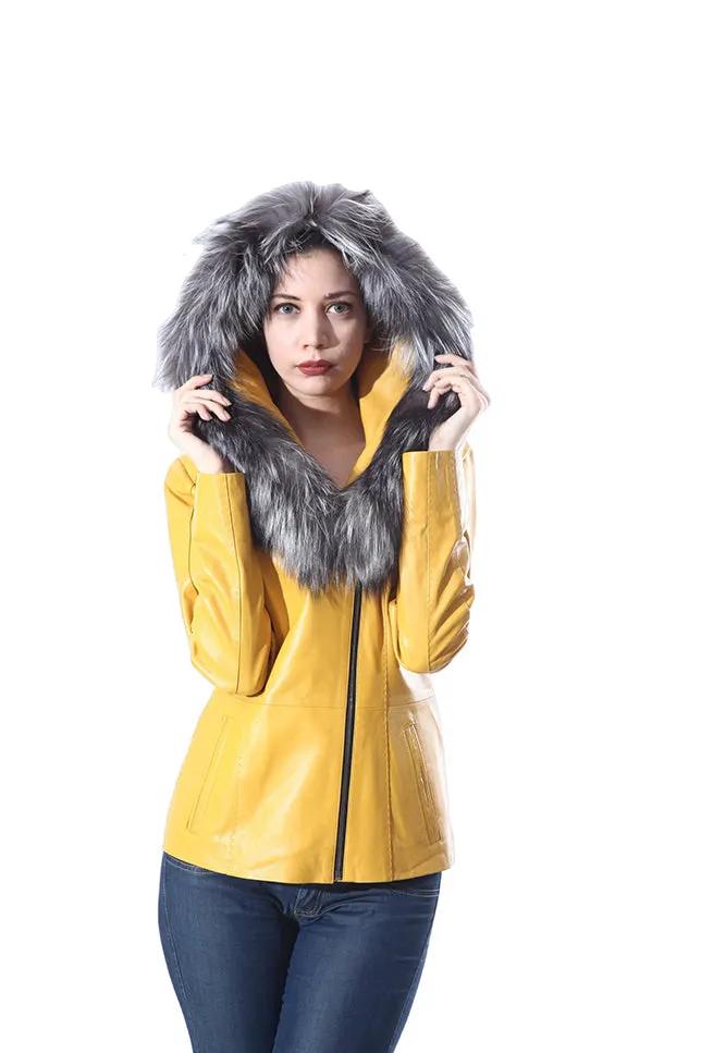 Cidra Womens Real Silver Fox Fur Hooded Leather Jacket by Inland Leather Co