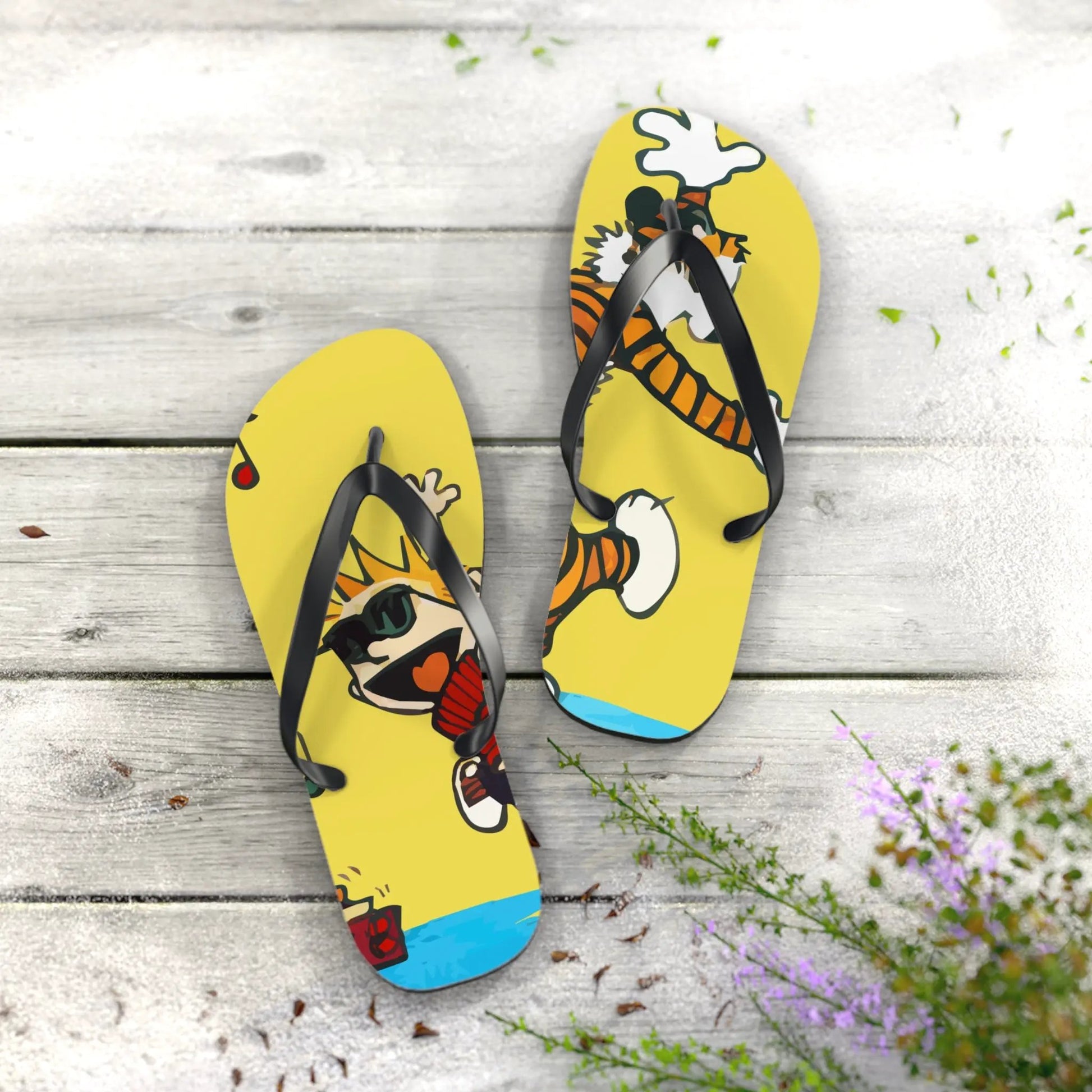 Calvin and Hobbes Dancing with Record Player Flip-Flops by Art-O-Rama