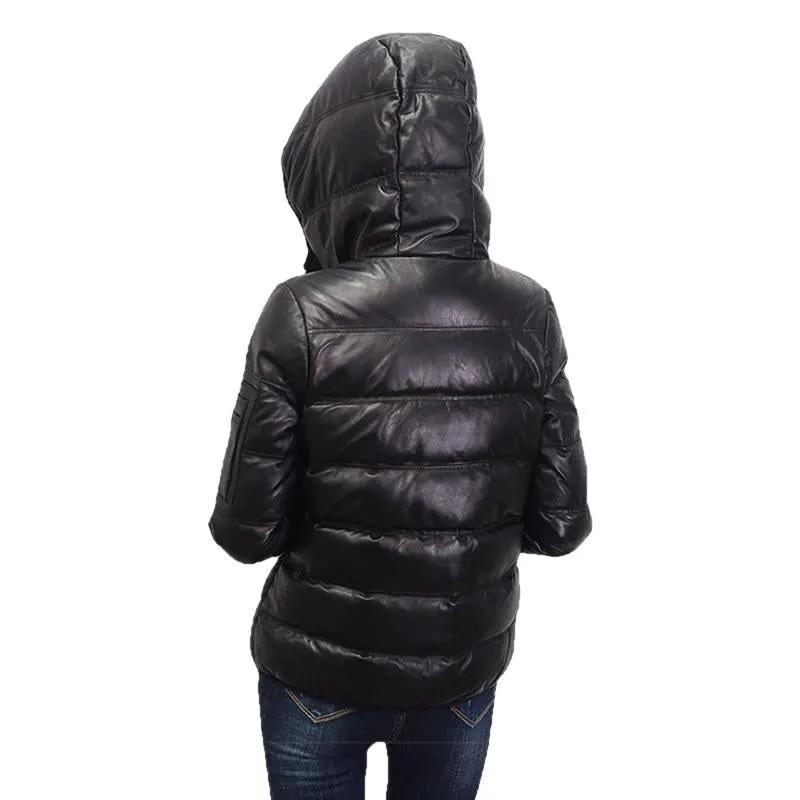Contra Black Genuine Hooded Womens Leather Puffer Jacket by Inland Leather Co.