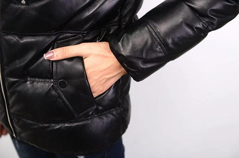 Contra Black Genuine Hooded Womens Leather Puffer Jacket by Inland Leather Co.