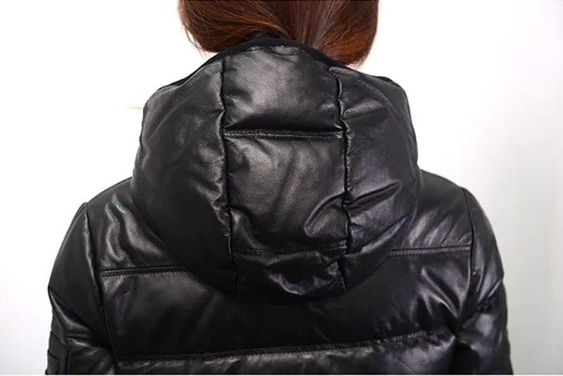 Contra Black Genuine Hooded Womens Leather Puffer Jacket by Inland Leather Co.