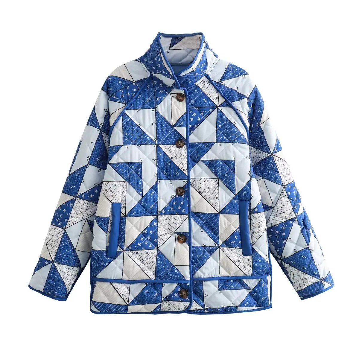 Women's Quilted Jacket Geometric Blue White BYMANYC ® New York CONTEMPORARY VIBRANT MODERN OUTERWEAR - New Collection by BYMANYC ® New York