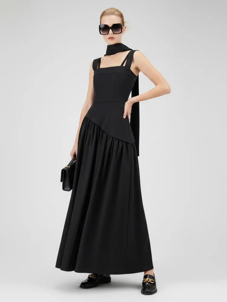 Elegant Black Maxi Dress with Multi-Strap Design and Asymmetrical Skirt • BYMANYC ® New York by BYMANYC ® New York