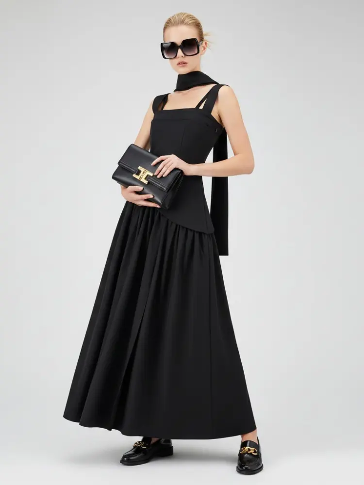 Elegant Black Maxi Dress with Multi-Strap Design and Asymmetrical Skirt • BYMANYC ® New York by BYMANYC ® New York