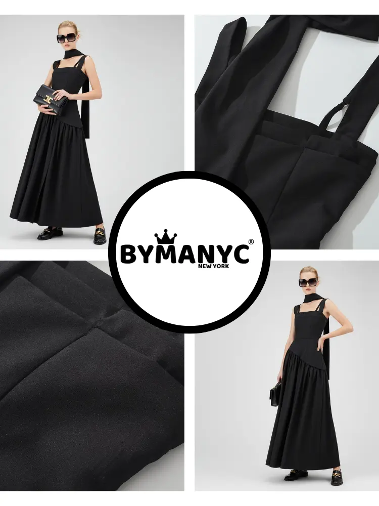 Elegant Black Maxi Dress with Multi-Strap Design and Asymmetrical Skirt • BYMANYC ® New York by BYMANYC ® New York