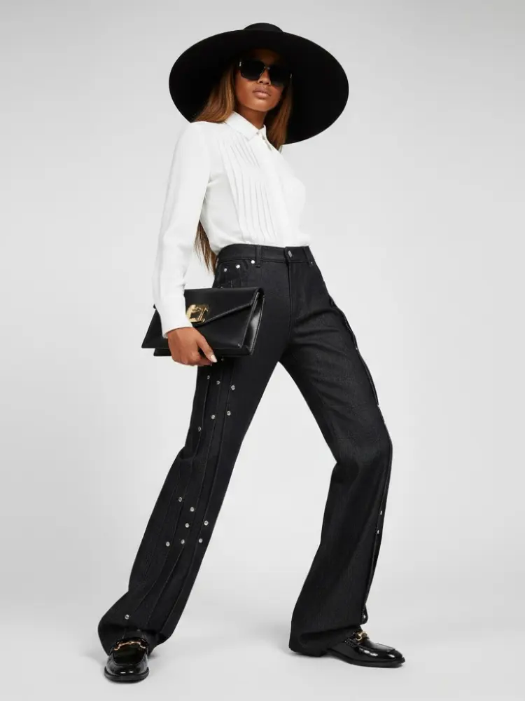 BYMANYC New York Wide Leg Denim Trousers Paneling And Stud Details For Women by BYMANYC ® New York