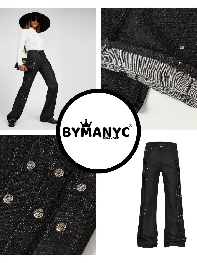 BYMANYC New York Wide Leg Denim Trousers Paneling And Stud Details For Women by BYMANYC ® New York