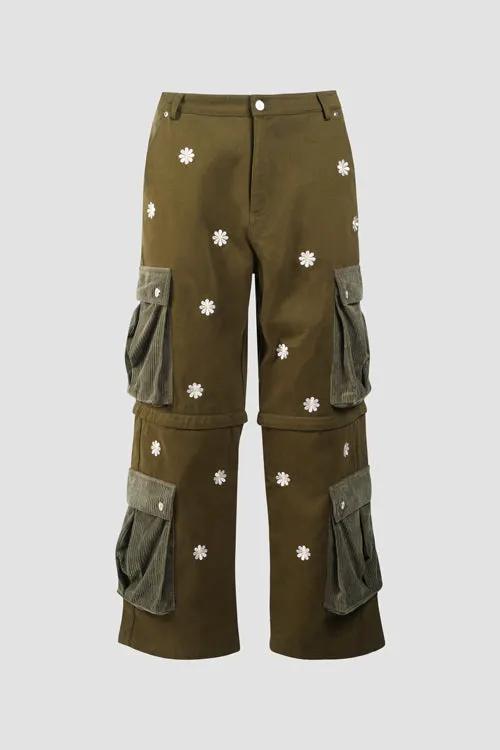 Embroidered Flowers Detachable Cargo Pants Shorts by Hideout