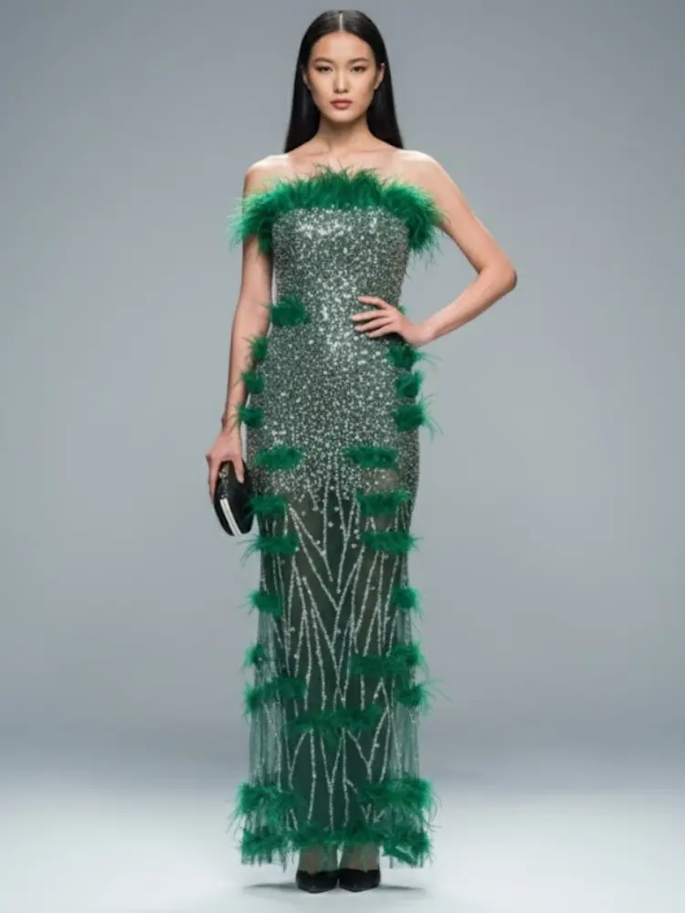Emerald Sequin and Feather Gala Dress THE BRONX ZOO: Prêt-à-Porter Line BYMANYC ® New York by BYMANYC ® New York