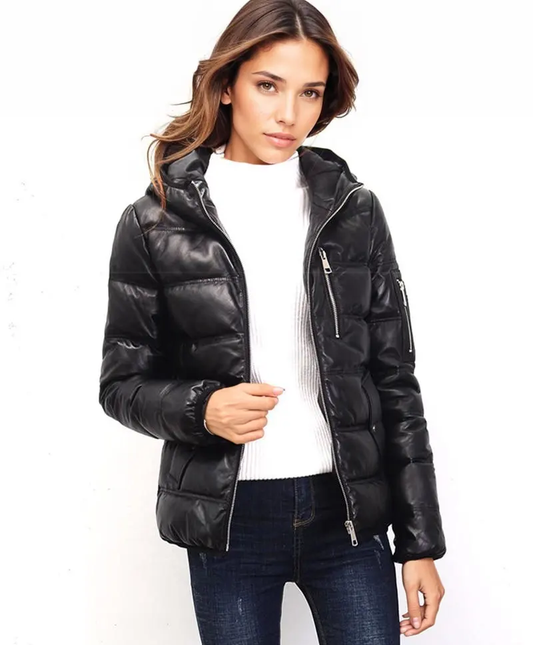 Contra Black Genuine Hooded Womens Leather Puffer Jacket by Inland Leather Co.