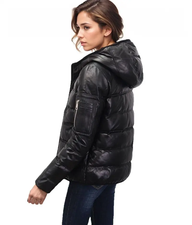 Contra Black Genuine Hooded Womens Leather Puffer Jacket by Inland Leather Co.