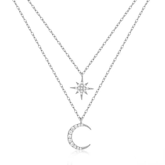 925 Sterling Silver Star & Moon Necklace  Double Layer Celestial Pendant-0
