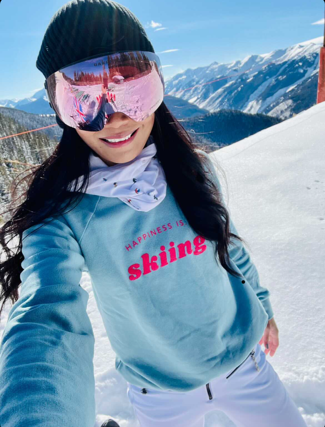 Women's Skiing Crew Sweatshirt, Teal with pink by Alpine Collection