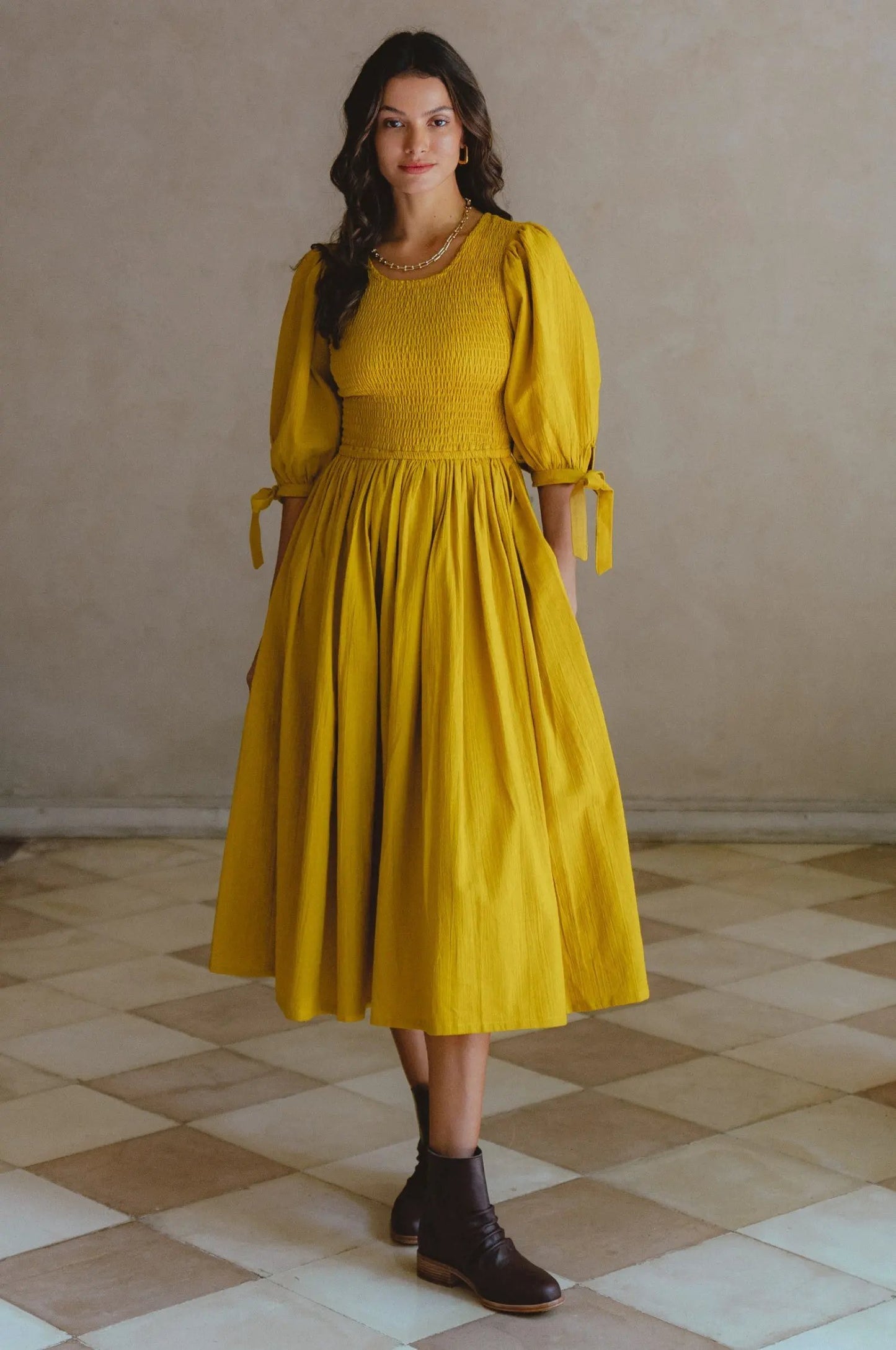 Freya Smocked Linen Midi Dress by Partner Label