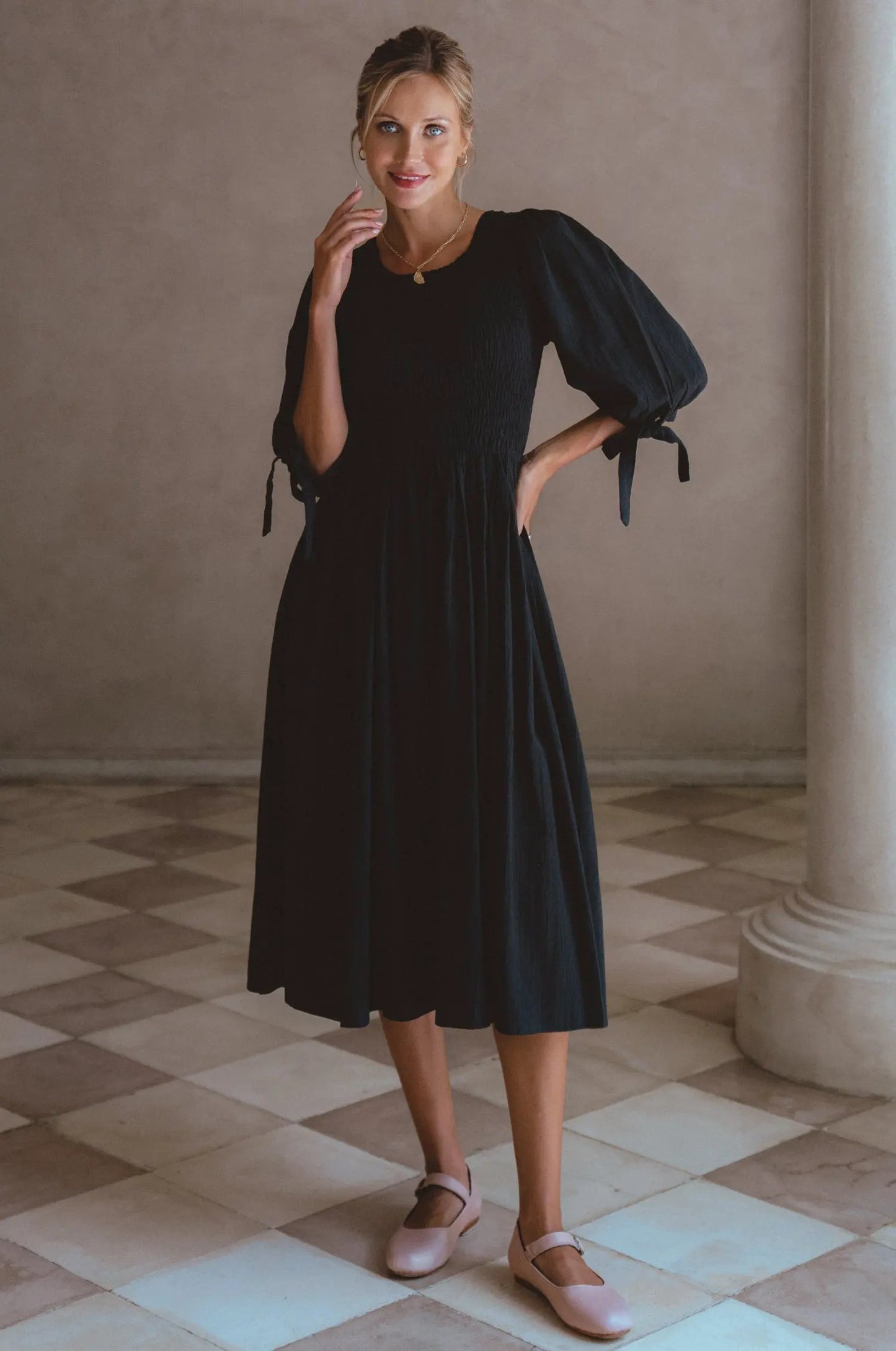 Freya Smocked Linen Midi Dress by Partner Label